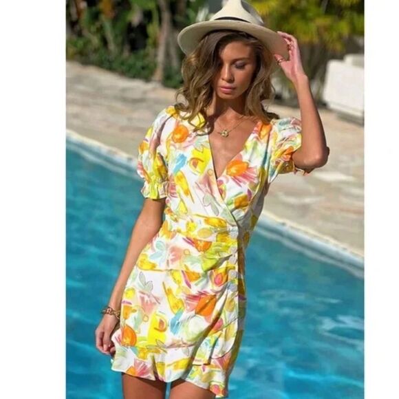 NWT RUNAWAY Zola Citrus Print Mini Dress Puff Sleeve Lemon Print Size XL - Picture 1 of 8
